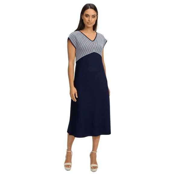 Emproved Knit Navy White Cap Sleeve Midi Dress Size Medium - Picture 1 of 7